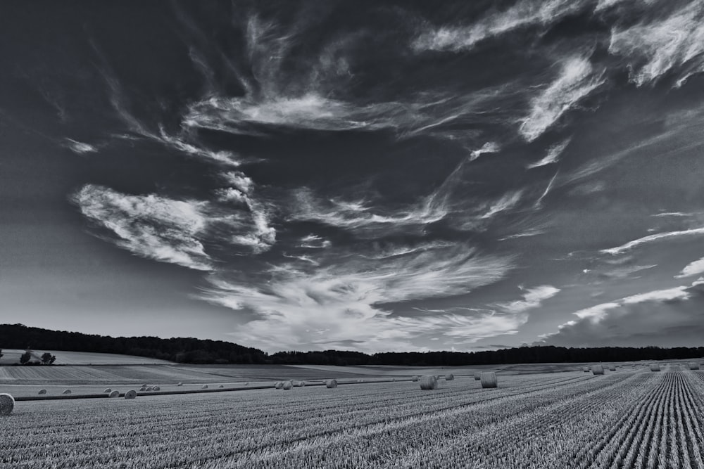 Foto en escala de grises de un cielo nublado sobre el campo