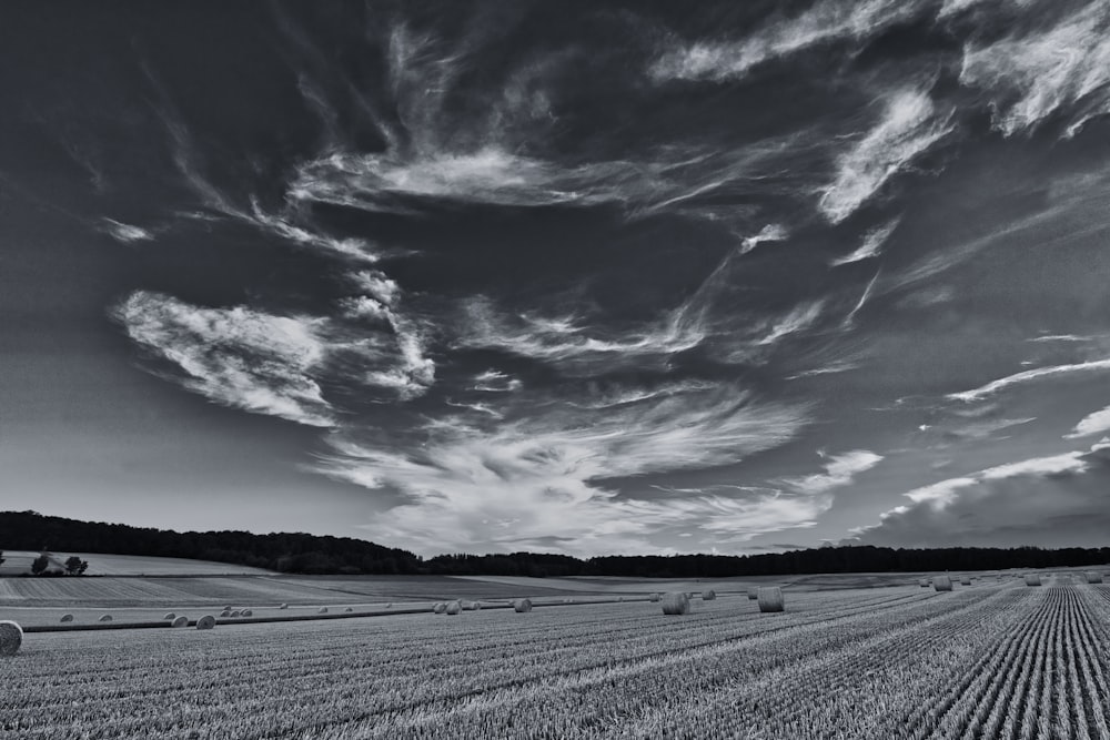 Photo en niveaux de gris d’un ciel nuageux au-dessus du champ