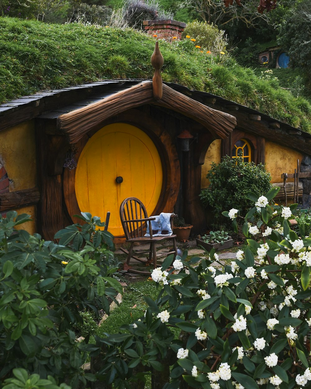 흰 꽃과 녹색 식물이 있는 갈색 목조 주택