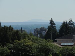 A landscape with a residential area partially visible in the foreground, featuring rooftops and lush trees. In the distance, layers of hills and a faint outline of a mountain are visible under a clear sky. The scene is serene and showcases a natural and suburban blend.