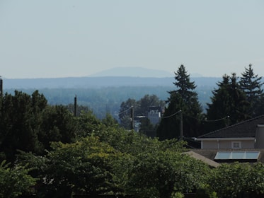 A landscape with a residential area partially visible in the foreground, featuring rooftops and lush trees. In the distance, layers of hills and a faint outline of a mountain are visible under a clear sky. The scene is serene and showcases a natural and suburban blend.