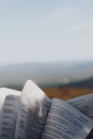 An open book with pages blending into a misty purple and gray landscape.