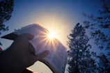 A close-up of a child’s hands holding a well-loved book, sunlight filtering through nearby leaves.
