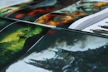 A collection of art prints displayed in layers, with vibrant colors and dynamic scenes. The foreground features a fantasy landscape in green hues with a silhouette of a creature. Other sections display fiery imagery and detailed character designs.