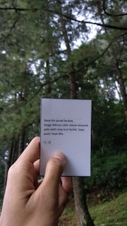 A hand is holding a card with text in a natural setting. Tall trees with lush green foliage fill the background, suggesting a forest environment. The card contains a message in a non-English language.