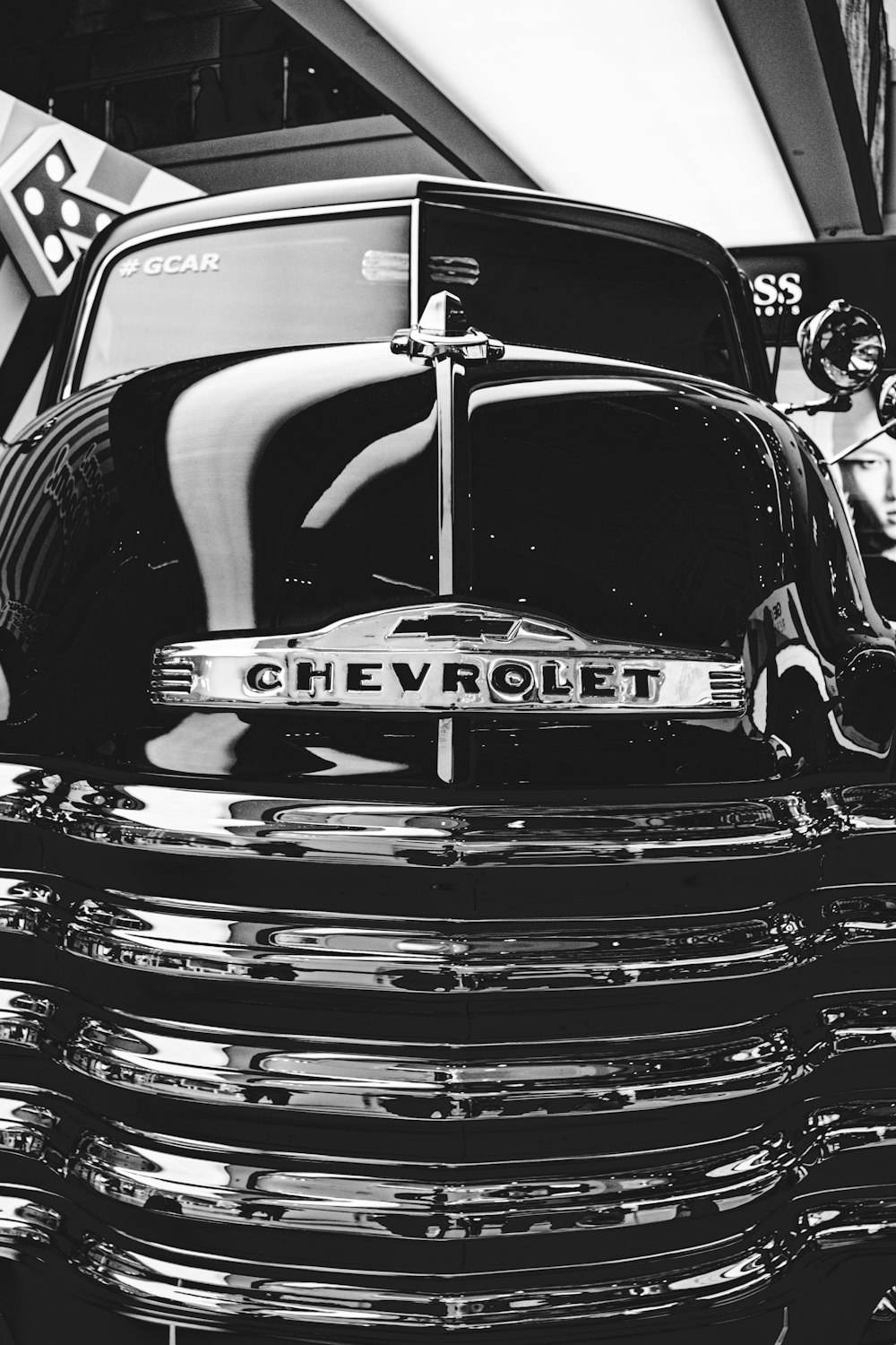 grayscale photo of classic car