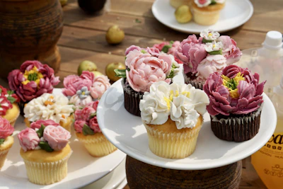 Assortment of freshly baked cupcakes with colorful toppings arranged on a rustic wooden table.