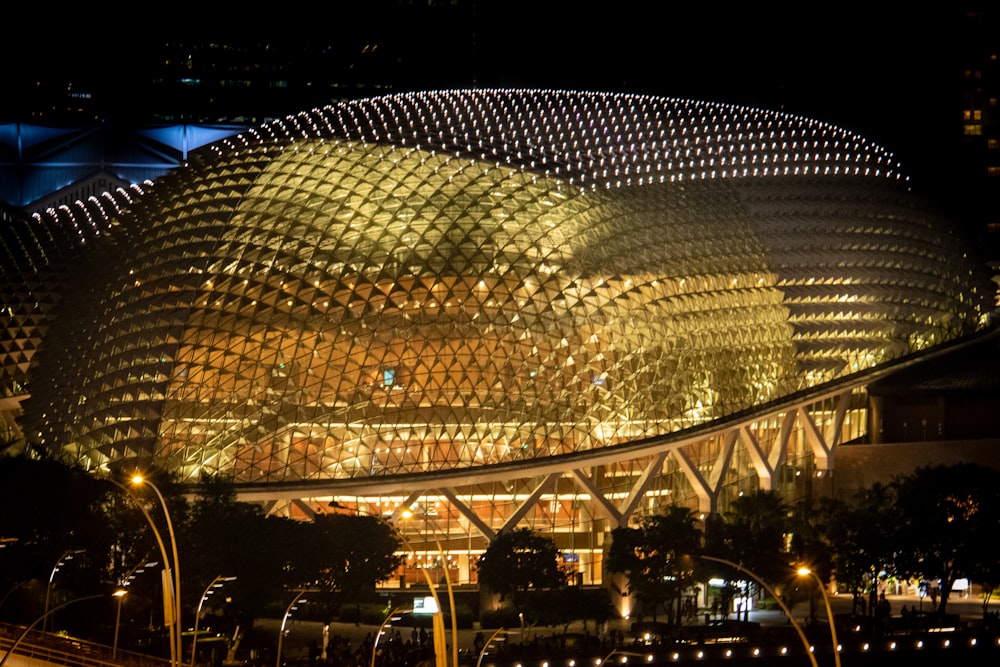 people walking near glass building during night time