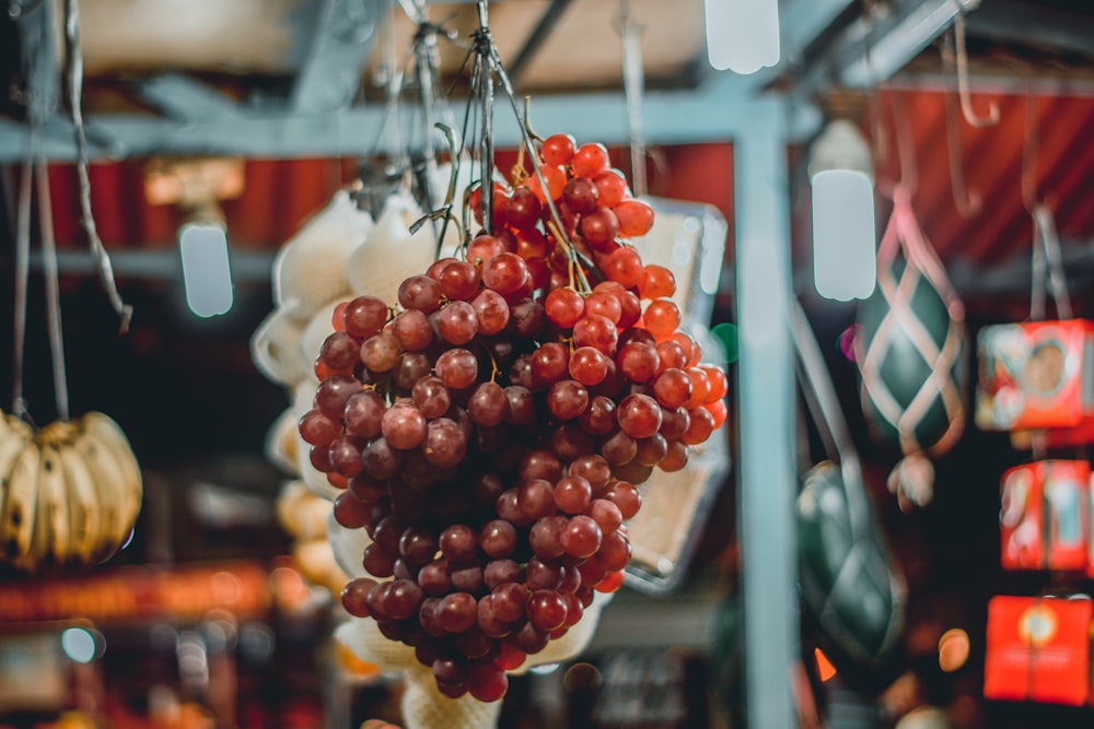 red round fruit hanging on white string