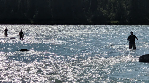 Athletes crossing a rugged river during a Bahia adventure race at sunrise.
