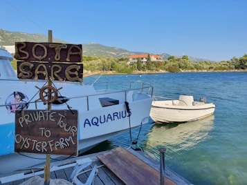 A small wooden sign with rope lettering reads 'Bota Sare' and 'Private Tour to Oyster Farm' next to a dock where a white boat named 'Aquarius' is moored. The background shows a calm body of water with lush greenery and a hill with a building in the distance.