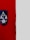 A wall is divided into two sections with a vertical boundary. The left side is a deep red color, while the right side is light gray. Mounted on the red section is a blue sign featuring symbols for accessibility, indicating services for people with disabilities, including figures of a wheelchair, a person with a cane, and a person with a stroller. Below these symbols, the words 'CALL HEAR' and a website link are displayed.