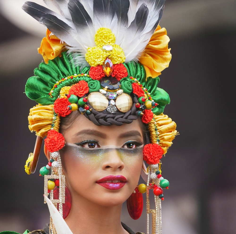 woman in white and red floral headdress