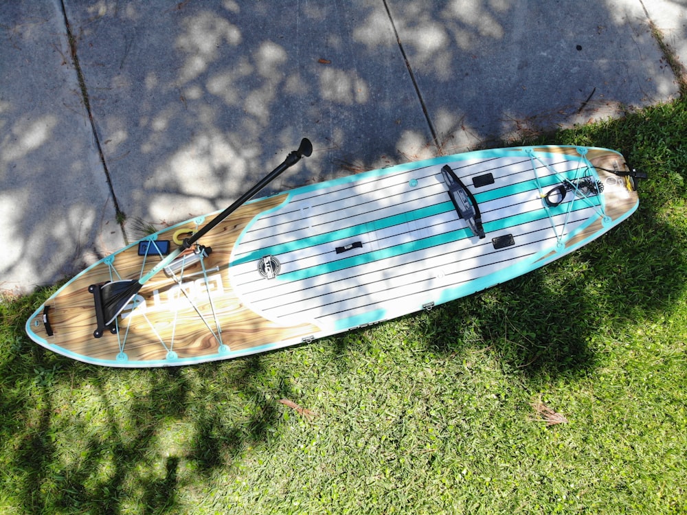 blue and white boat on green grass during daytime