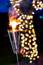 A cozy backyard with erdvėja’s glowing garden torches lighting up a lively evening gathering.