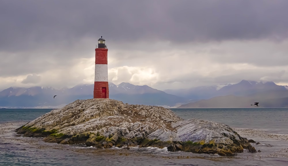 Faro rojo y blanco en una formación rocosa marrón cerca del cuerpo de agua durante el día