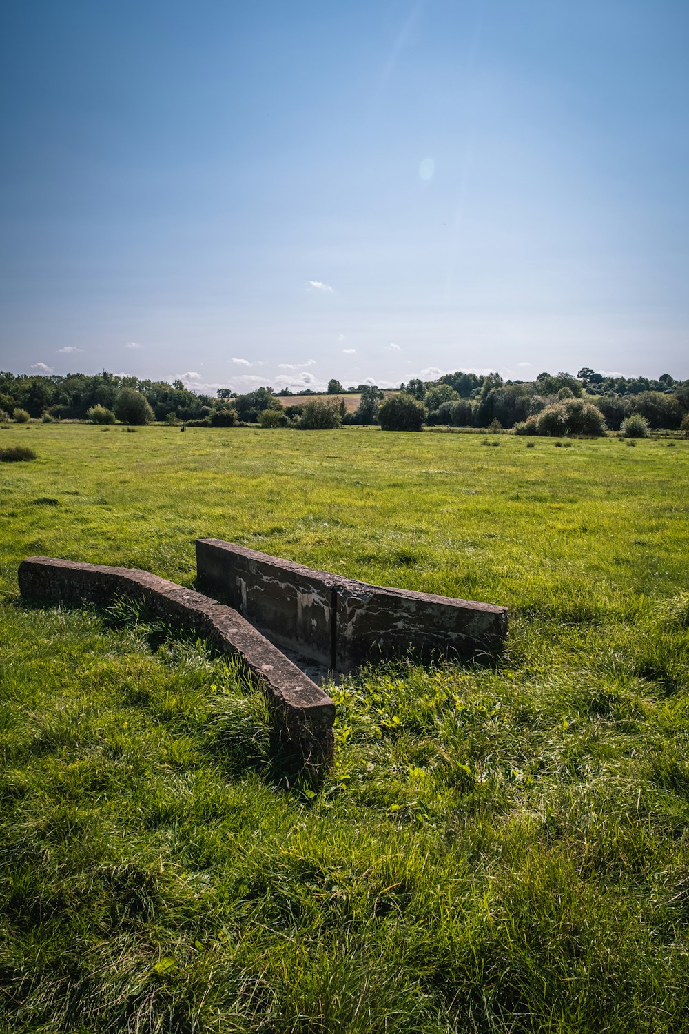 Braune Holzbank auf grünem Rasenplatz unter blauem Himmel tagsüber