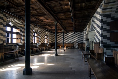 brown wooden tables and chairs inside building