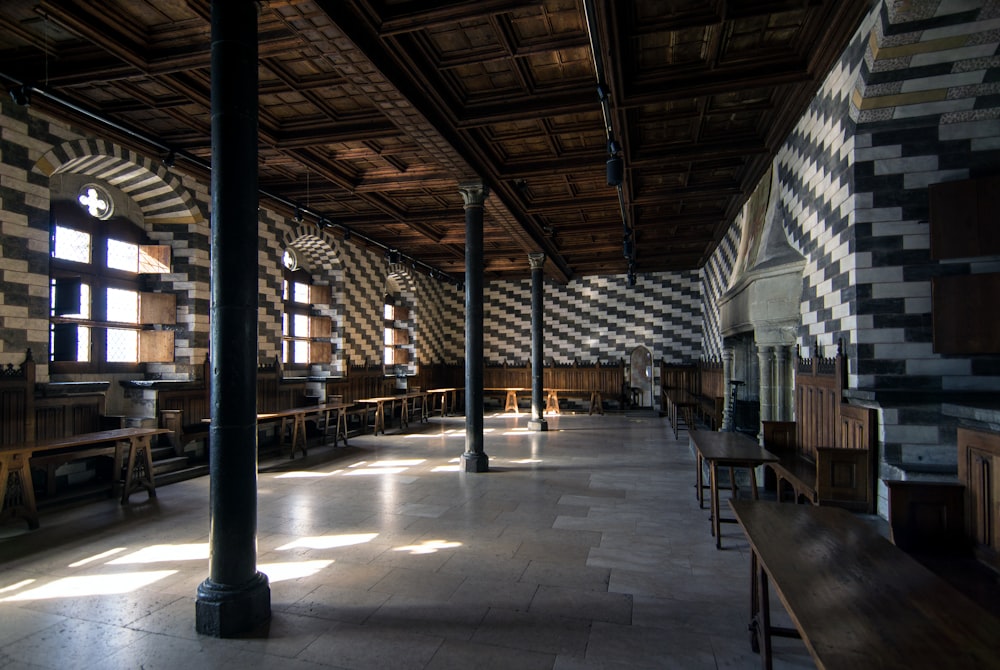 brown wooden tables and chairs inside building