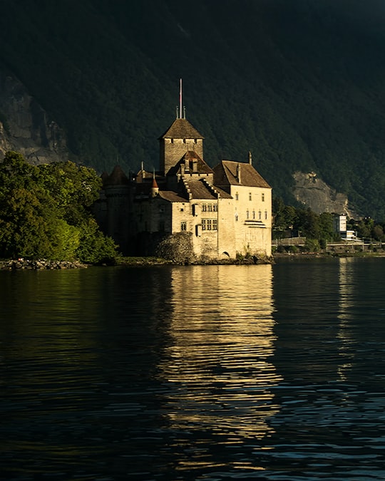 brown concrete building near body of water during daytime in Château de Chillon Switzerland
