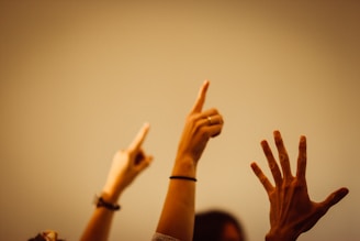 Hands raised in a classroom symbolizing democratic participation and engagement.