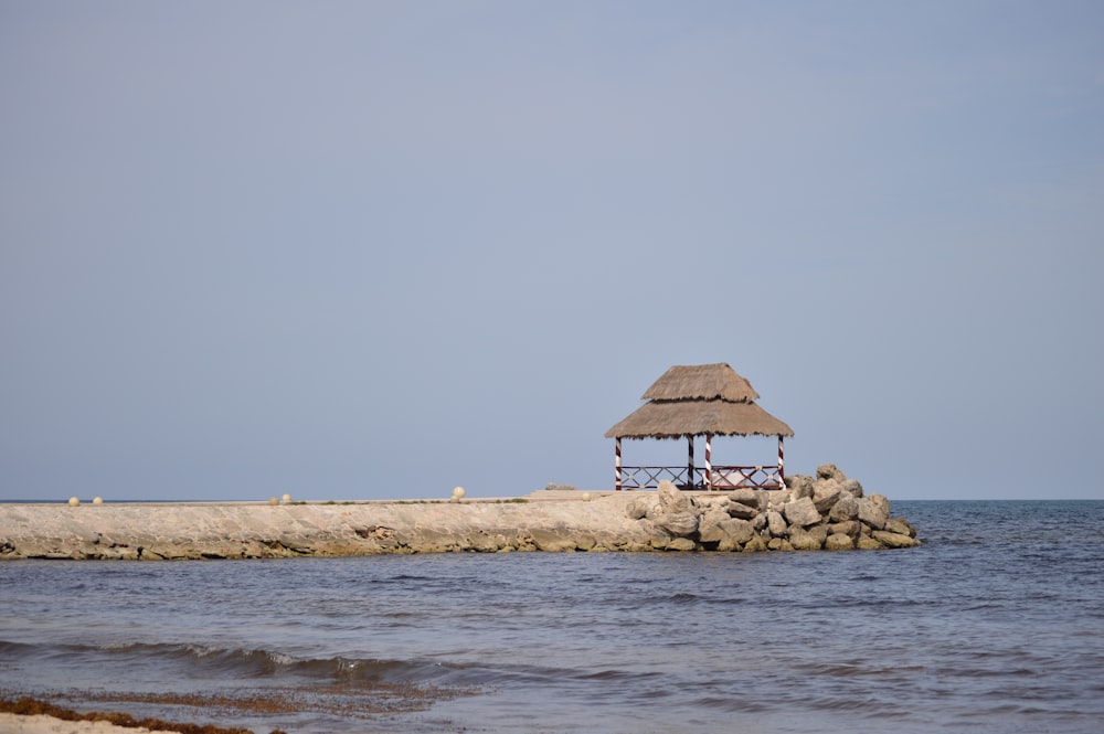 brown wooden beach house on brown sand near body of water during daytime