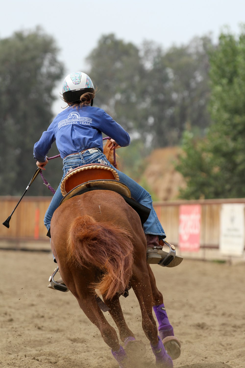 man in blue jacket riding brown horse during daytime