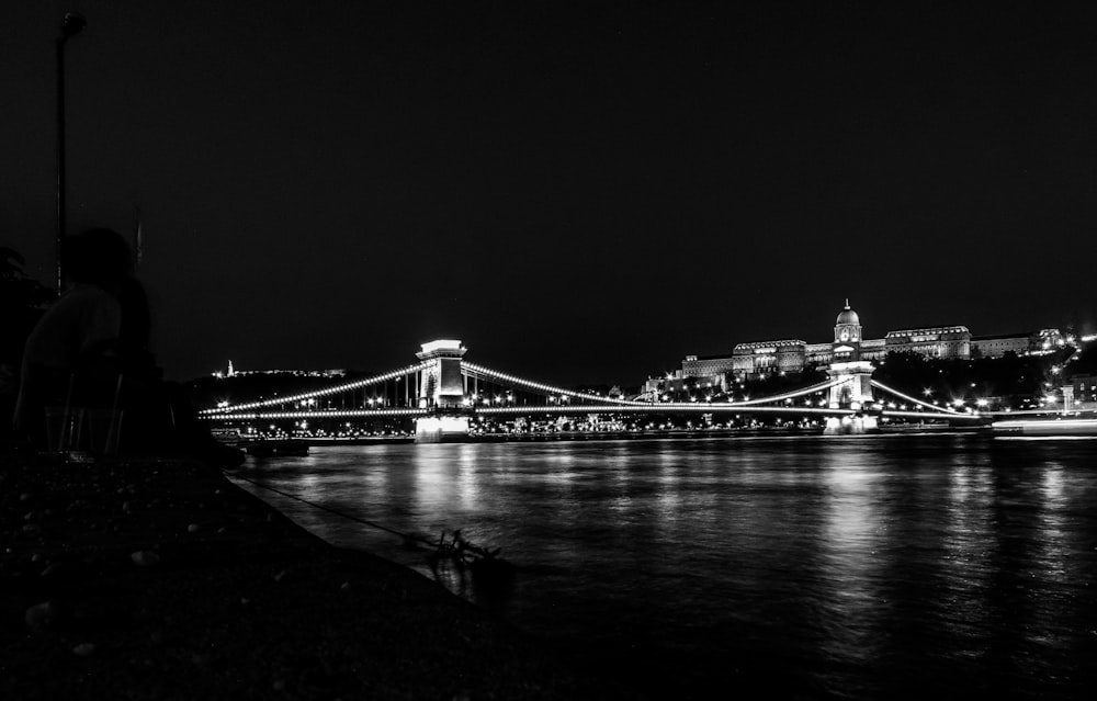 grayscale photo of bridge with lights