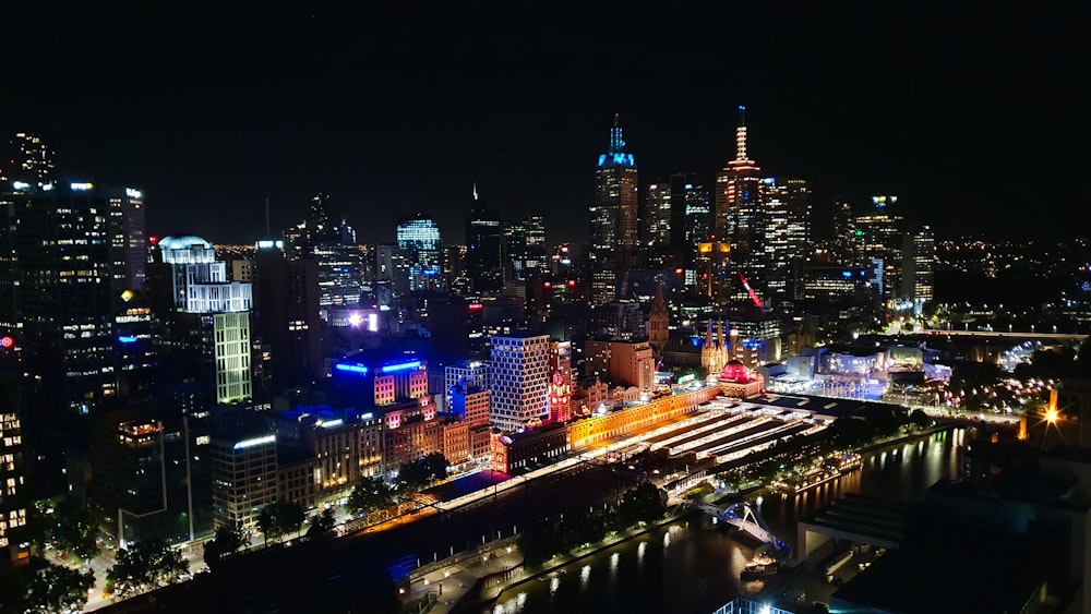 city skyline during night time