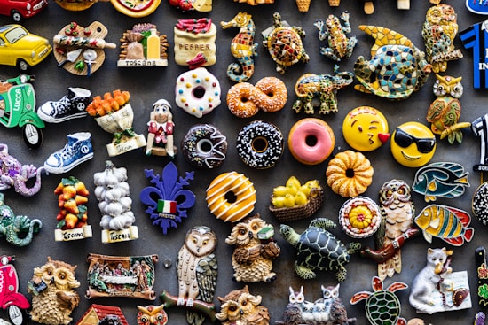 A colorful assortment of decorative fridge magnets depicting various objects such as donuts, animals, owls, fruits, and Italian-themed items. The magnets are arranged closely together on a dark background, showcasing a wide variety of shapes and designs, including smiley faces and motorcycles.