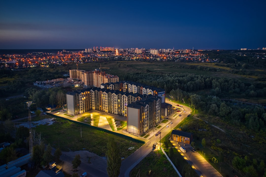 aerial view of city buildings during night time