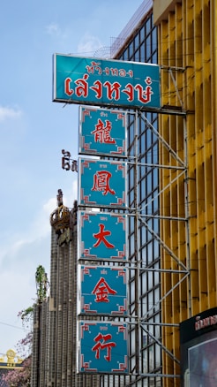 A series of vertical blue signs with red text displayed on the side of a building, featuring Chinese characters. The building has a modern architectural design with glass windows and a distinctive yellow facade. There are ornamental features and some greenery visible in the vicinity.