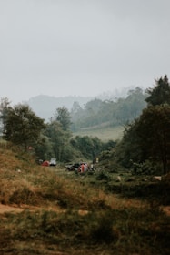 A serene landscape with lush greenery and hills shrouded in mist in the background. A campsite with a tent and parked vehicles is nestled amidst the trees, creating a tranquil outdoor setting.