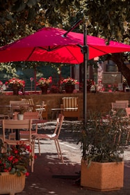 A vibrant garden umbrella shading a cozy outdoor seating area surrounded by blooming flowers.