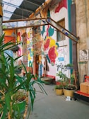 A vibrantly painted exterior wall features colorful abstract designs and patterns, including swirling shapes in red, yellow, green, and pink. Potted plants are arranged along the path, adding greenery to the scene. Various graffiti and art pieces are visible on the walls, creating a lively and artistic atmosphere. A metal frame structure extends overhead, and a bench with cardboard boxes and a dog bowl can be seen.
