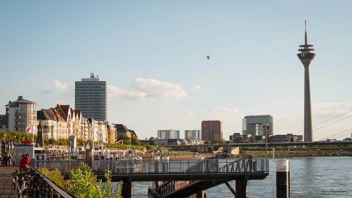 Riverside view of Dusseldorf, Germany with the media harbour skyline
