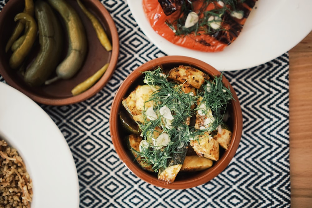 cooked food on brown ceramic plate