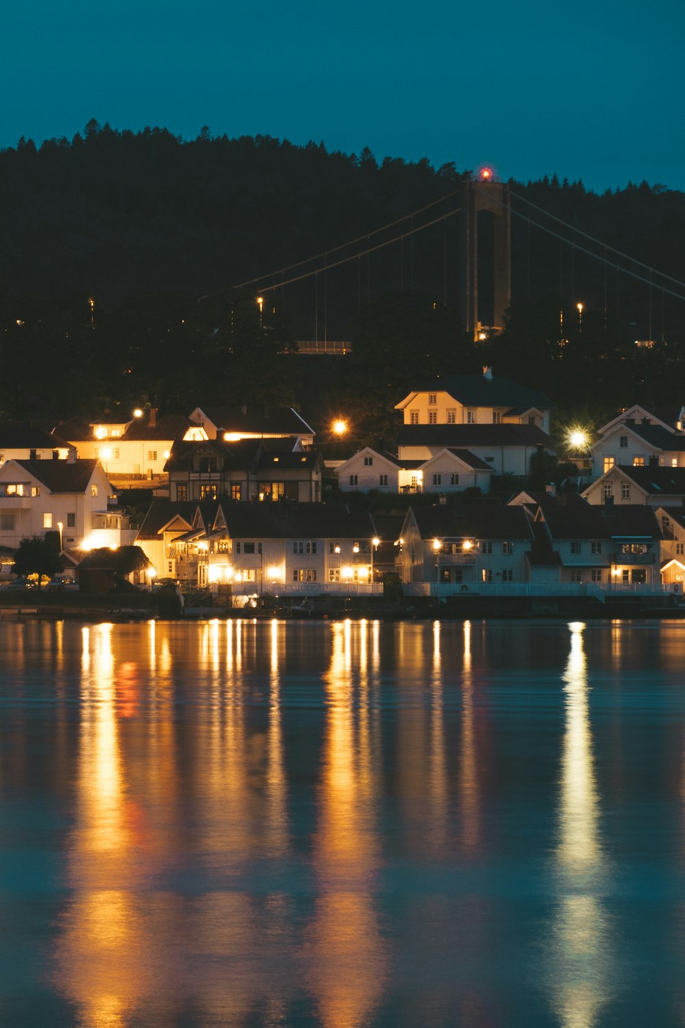 lighted building near body of water during night time