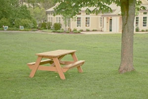 A wooden picnic table is set on a lush green lawn next to a tree. In the background, a large, elegant house with numerous windows is visible, surrounded by well-maintained bushes and plants. The scene suggests a serene outdoor setting.