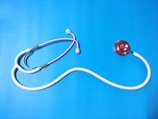 Veterinary tools and stethoscope laid out on a clean white table.