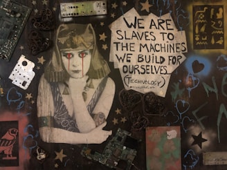 A mural features an image of a figure with an ancient Egyptian headdress, depicted with tears of technology components. The background is filled with various objects like circuit boards, metal scraps, and painted symbols. A prominent text reads, 'We are slaves to the machines we build for ourselves... (Technology),' surrounded by star and heart motifs.