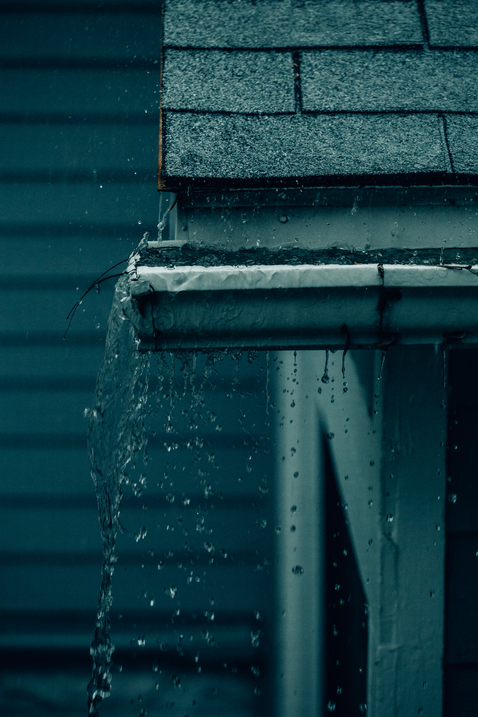 Heavy rain falling from a roof