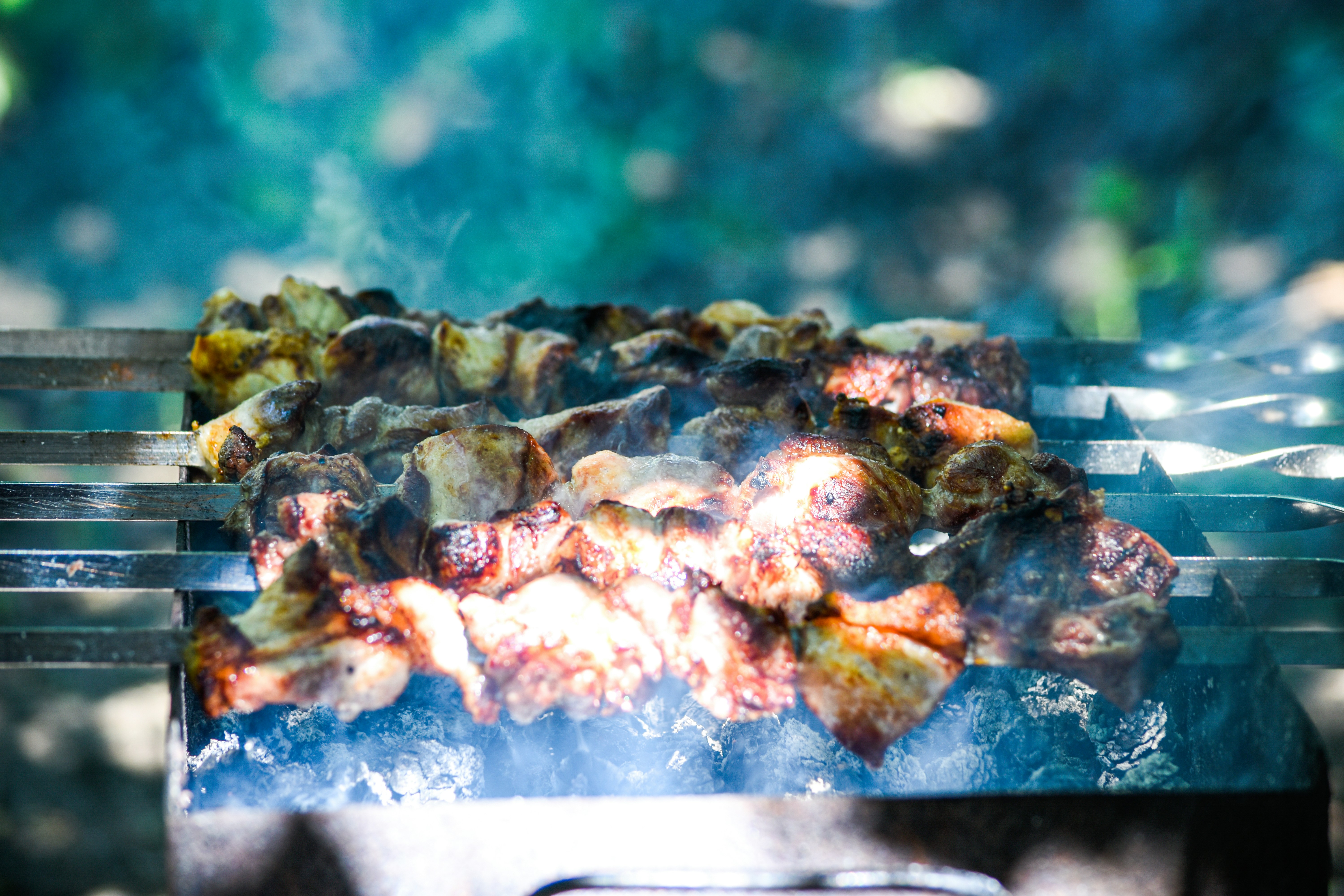 Assorted grilled meat skewers with smoke rising, dark background, vibrant charred colors