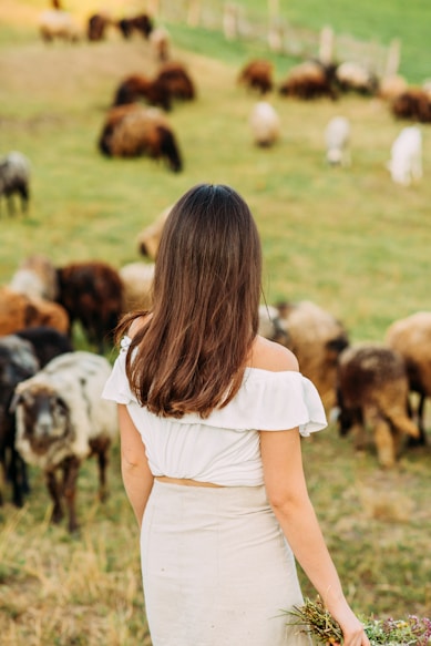 woman in white dress standing on green grass field with dogs during daytime