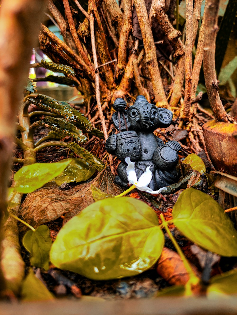 black and gray cat figurine on brown dried leaves