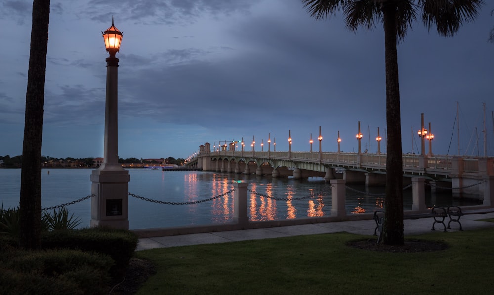 white and brown concrete building near body of water during night time