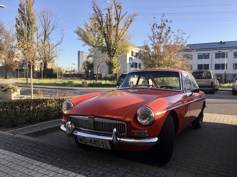 red classic car parked on roadside near bare trees during daytime