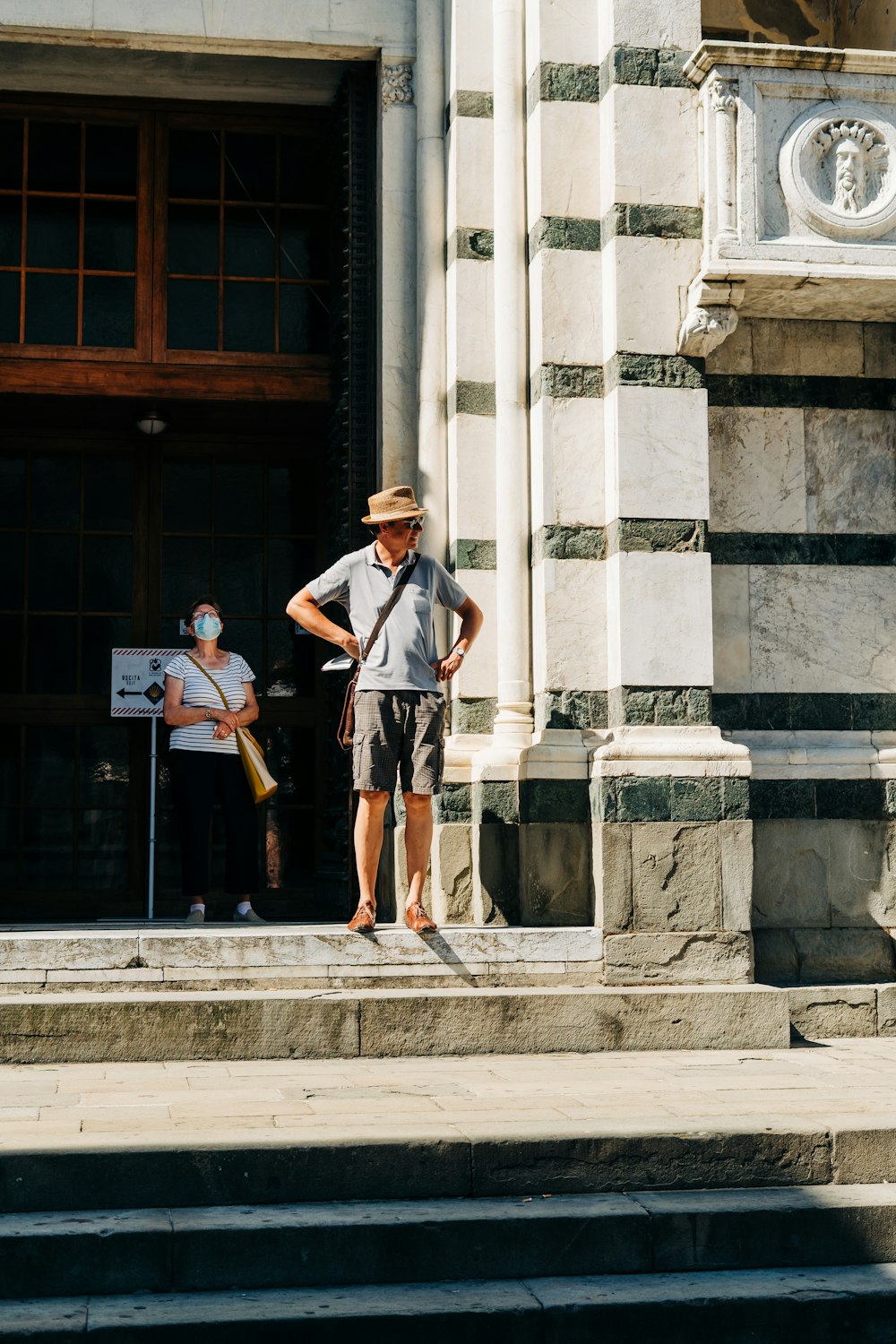 Hombre con camisa blanca abotonada y pantalones marrones de pie junto a un edificio de hormigón gris durante el día