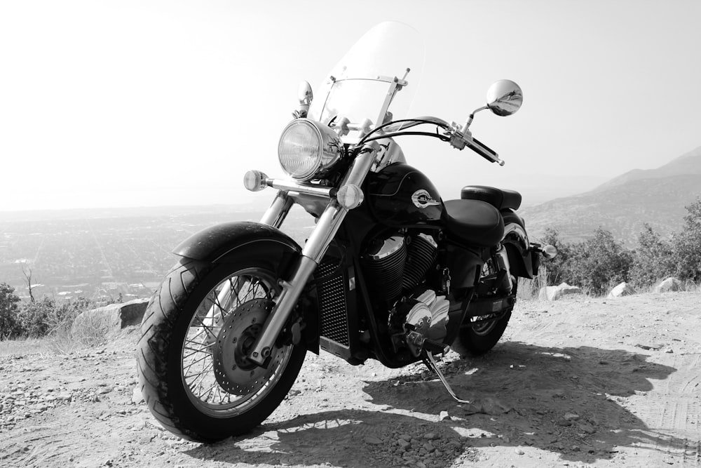 grayscale photo of cruiser motorcycle