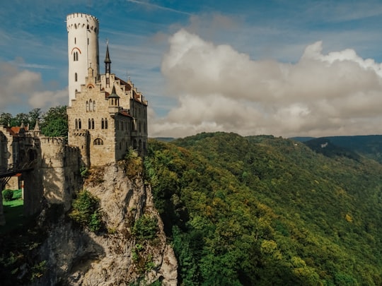 gray concrete castle on top of green mountain under cloudy sky during daytime in Lichtenstein Castle Germany